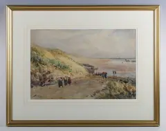 Thomas Bush Hardy, Extensive beach scene with fishwives bringing in the catch, watercolour