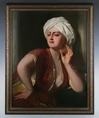 Philip Villamil of Jamaica, Young woman in Eastern dress, wearing a turban, smoking a cigarette, oil on canvas