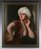 Young woman in Eastern dress, wearing a turban, smoking a cigarette by Philip Villamil of Jamaica, oil on canvas, sold Sep 2025