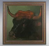 Head study of a bull by Philip Villamil of Jamaica, oil on board, sold Sep 2025