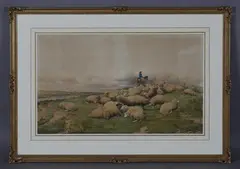 Thomas Sidney Cooper, Landscape with sheep, shepherd and passing man on horseback, 1867, watercolour