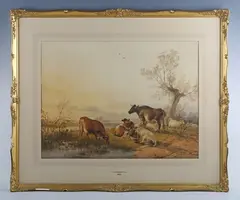 Thomas Sidney Cooper, Cattle resting and watering in a landscape, 1863, watercolour