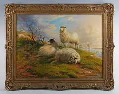 Thomas George Cooper, Sheep resting in a landscape, an estuary beyond, 1896, oil on canvas