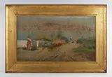 Oscar Ricciardi, Italian peasant women in an orchard overlooking a bay, possibly Naples, oil on canvas