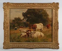 Otto Weber, Cattle grazing in a landscape, oil on panel