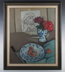 Denis Peploe, Still Life with Drawing, oil on board