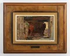 John William Booth, In the Stable, oil on canvas-board