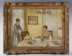 Aaron Shikler, Two women and a child at lunch, oil on canvas