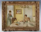 Aaron Shikler, Two women and a child at lunch, oil on canvas