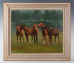 First Summer’: foals in a field by Jacqueline Stanhope, oil on canvas, sold Sep 2025
