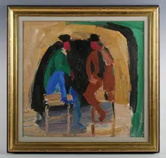 Julian Bailey, Two Actors on a stage, oil on board