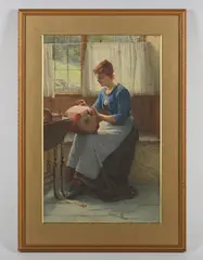 William Harris Weatherhead, Girl lacemaking at a window, watercolour