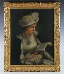 Miss Lorisa Starr, Half-length Portrait of Marquerite Roxby Beverley, seated, wearing a feathered straw hat, white dress and fur-edged jacket, holding an open book, a silver cruciform medallion suspended from a chain ar, 1879, oil on canvas