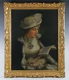 Miss Lorisa Starr, Half-length Portrait of Marquerite Roxby Beverley, seated, wearing a feathered straw hat, white dress and fur-edged jacket, holding an open book, a silver cruciform medallion suspended from a chain ar, 1879, oil on canvas