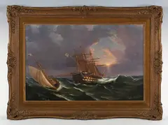 Tomasso de Simone, Ship and sailing boat in choppy waters, oil on canvas