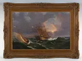 Tomasso de Simone, Ship and sailing boat in choppy waters, oil on canvas