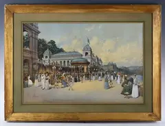 Charles Rousse, Figures promenading near the Scarborough Spa, with the Grand Hotel visible beyond, watercolour