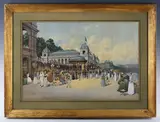 Charles Rousse, Figures promenading near the Scarborough Spa, with the Grand Hotel visible beyond, watercolour