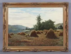 James Heron, Harvest landscape with figures resting by a corn stook, oil on canvas