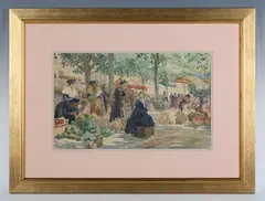 Léopold Lelée, Flower market, watercolour