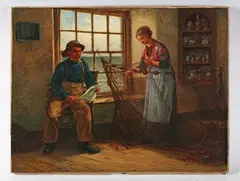 Edith Hume, Cottage interior with fisherman and his wife sorting the nets, oil on canvas