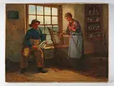 Edith Hume, Cottage interior with fisherman and his wife sorting the nets, oil on canvas