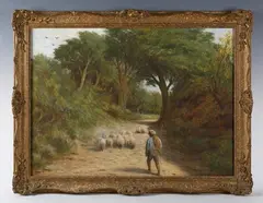 Joseph Knight, Sheep and shepherd boy in a country lane, 1873, oil on board