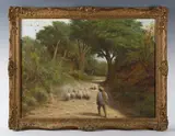 Joseph Knight, Sheep and shepherd boy in a country lane, 1873, oil on board