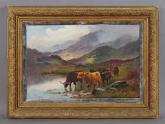 Gustave de Breanski, Loch scenes with Highland cattle watering, a pair, oil on canvas