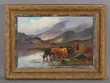 Gustave de Breanski, Loch scenes with Highland cattle watering, a pair, oil on canvas