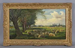 William Sidney Cooper, Sturry Marshes, Kent': sheep resting in a summer landscape, 1909, oil on canvas