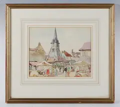William Lee Hankey, View of the market in Honfleur, Normandy, France, pencil and watercolour