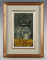 Walter Benoldi, Still life with bird cages, oil on board