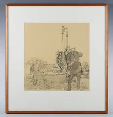 Paul Hogarth, Carp Fishing at Trebon, 1953, pencil and grey wash