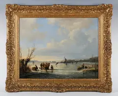 Frans Arnold Brehaus de Groot, Winter landscape with figures on a frozen lake, oil on panel