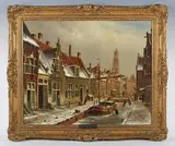 Oene Romkes de Jonghe, Frozen Dutch canal scene with figures, oil on canvas