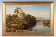 Walter J. Watson, On the Warfe Nr Beamsley, Yorks’: cattle watering in a river landscape, 1904, oil on canvas