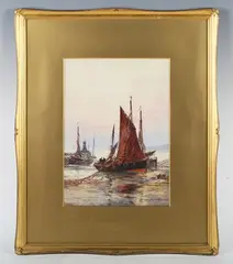 Frederick William Scarbrough, Harbour scene with vessels at anchor, watercolour