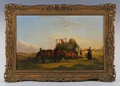 William Shayer, Haymakers with horses and cart in a landscape, oil on canvas