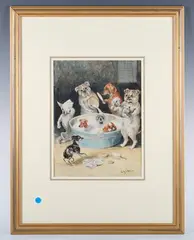 Louis Wain, Bathtime for the Dog Show, pen ink and watercolour
