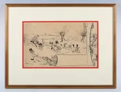 Louis Wain, Wouldn’t it be funny if the foxes got on the backs of the hounds and hunted - men?, pen and ink