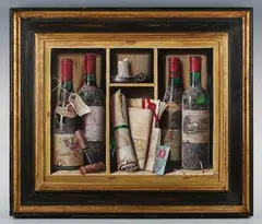 A Corner of the Cellar: still life of wine bottles and documents by Raymond Campbell, oil on board, sold Mar 2025