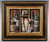 Raymond Campbell, A Corner of the Cellar: still life of wine bottles and documents