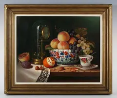 When the Clock strikes three’: still life of fruit, teacup and anniversary clock by Raymond Campbell, oil on canvas, sold Mar 2025