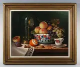 Raymond Campbell, When the Clock strikes three’: still life of fruit, teacup and anniversary clock