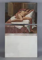 Reclining female nude on a bed by Henrik von Gerber, oil on two canvases, sold Mar 2025