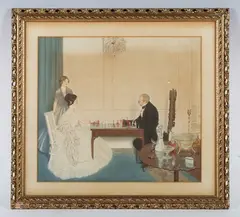 Leonard Campbell Taylor, The Chess Game: interior with figures at a table, watercolour