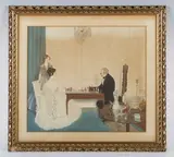 Leonard Campbell Taylor, The Chess Game: interior with figures at a table, watercolour