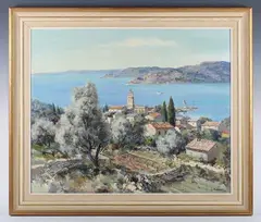 Yachts in a sunny bay by Lucien Potronat, oil on canvas, sold Mar 2025