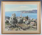 Lucien Potronat, Yachts in a sunny bay, oil on canvas
